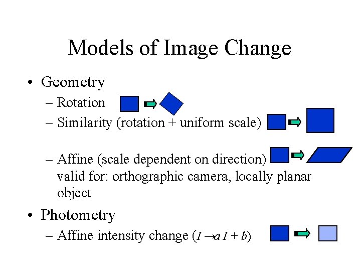 Models of Image Change • Geometry – Rotation – Similarity (rotation + uniform scale)