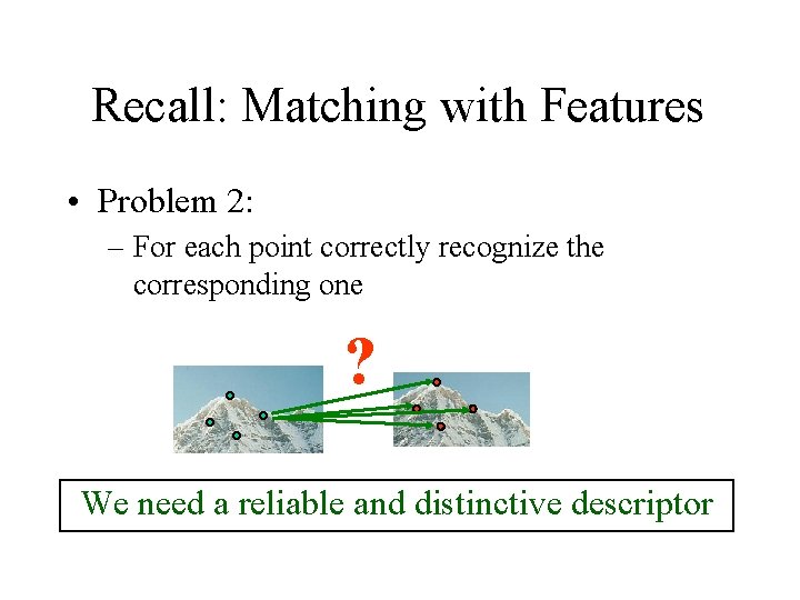 Recall: Matching with Features • Problem 2: – For each point correctly recognize the