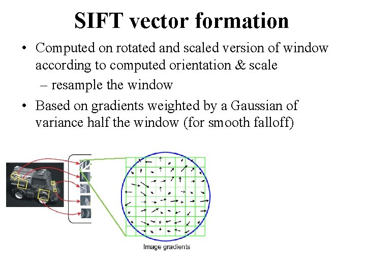 SIFT vector formation • Computed on rotated and scaled version of window according to