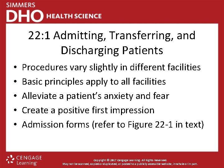 22: 1 Admitting, Transferring, and Discharging Patients • • • Procedures vary slightly in