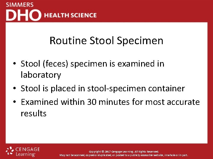 Routine Stool Specimen • Stool (feces) specimen is examined in laboratory • Stool is