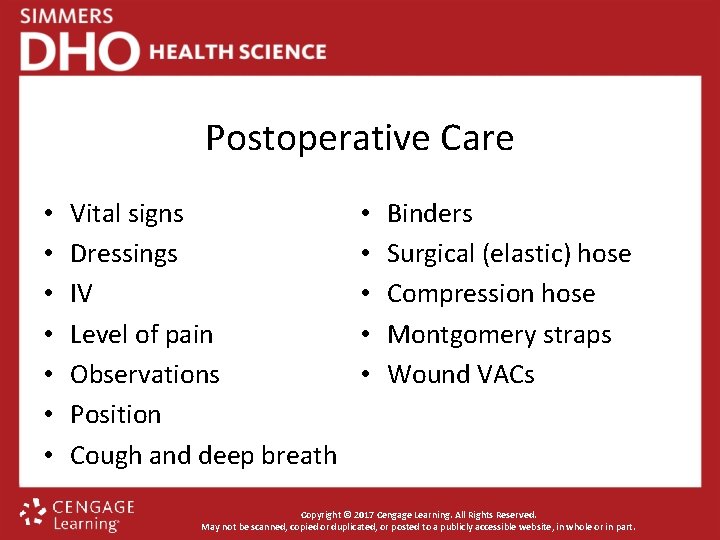 Postoperative Care • • Vital signs Dressings IV Level of pain Observations Position Cough
