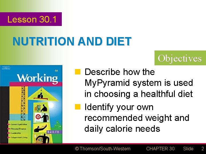 Lesson 30. 1 NUTRITION AND DIET Objectives n Describe how the My. Pyramid system