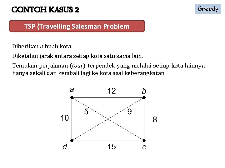 CONTOH KASUS 2 Greedy TSP (Travelling Salesman Problem Diberikan n buah kota. Diketahui jarak