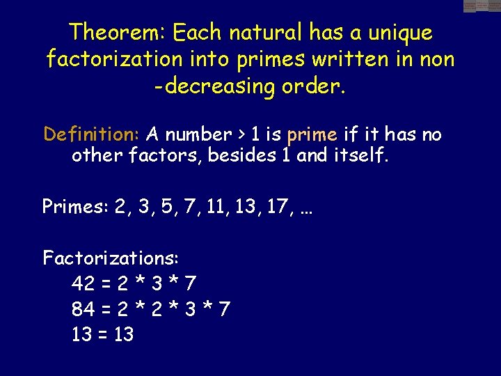 Theorem: Each natural has a unique factorization into primes written in non -decreasing order.