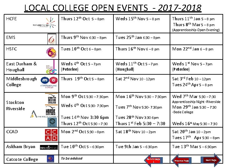 LOCAL COLLEGE OPEN EVENTS - 2017 -2018 HCFE Thurs 12 th Oct 5 –