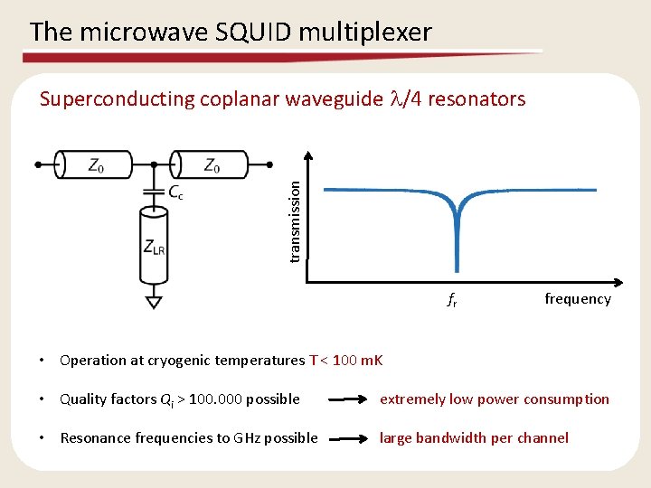The microwave SQUID multiplexer transmission Superconducting coplanar waveguide l/4 resonators fr frequency • Operation