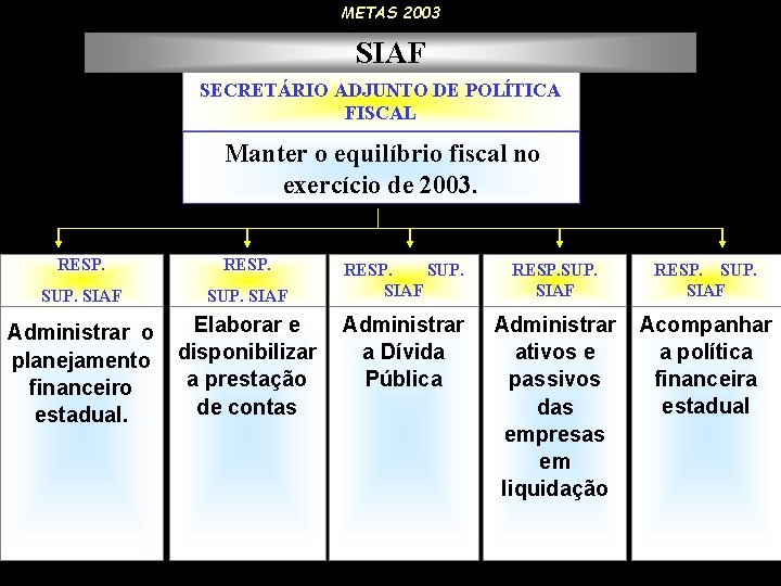 METAS 2003 SIAF SECRETÁRIO ADJUNTO DE POLÍTICA FISCAL Manter o equilíbrio fiscal no exercício