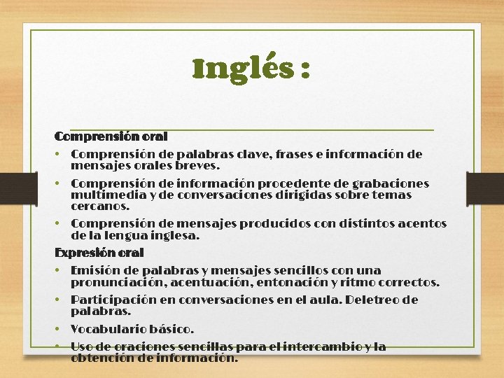 Inglés : Comprensión oral • Comprensión de palabras clave, frases e información de mensajes