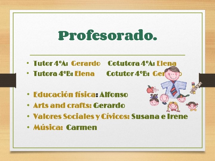 Profesorado. • Tutor 4ºA: Gerardo Cotutora 4ºA: Elena • Tutora 4ºB: Elena Cotutor 4ºB: