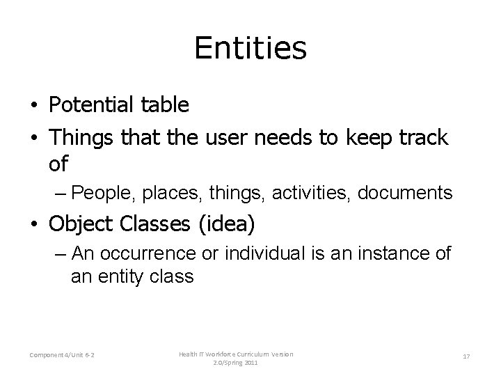 Entities • Potential table • Things that the user needs to keep track of Entities • Potential table • Things that the user needs to keep track of