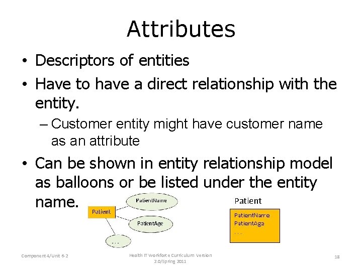 Attributes • Descriptors of entities • Have to have a direct relationship with the Attributes • Descriptors of entities • Have to have a direct relationship with the