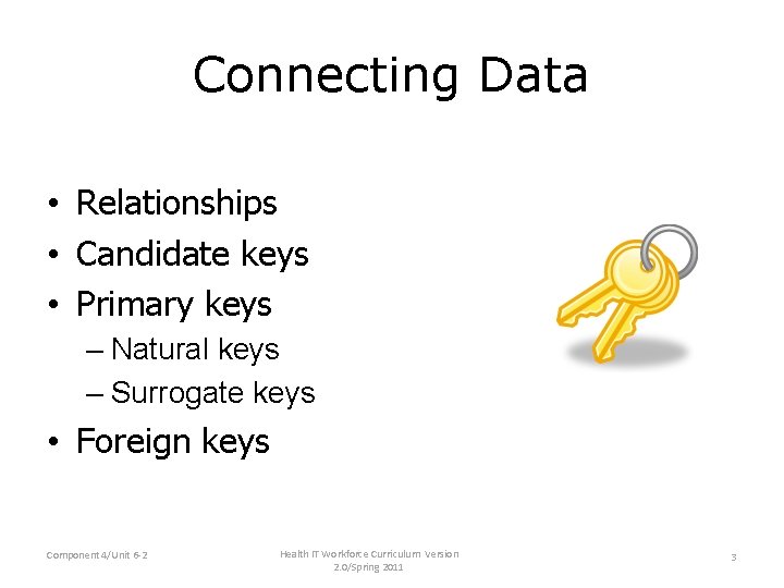 Connecting Data • Relationships • Candidate keys • Primary keys – Natural keys – Connecting Data • Relationships • Candidate keys • Primary keys – Natural keys –