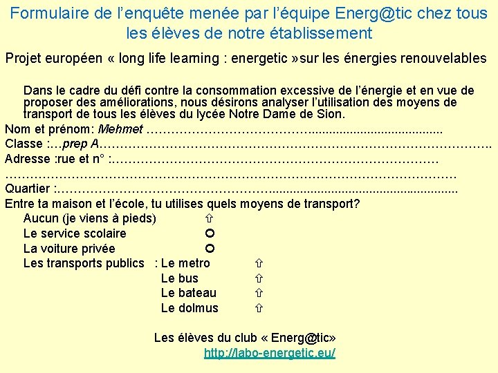 Formulaire de l’enquête menée par l’équipe Energ@tic chez tous les élèves de notre établissement