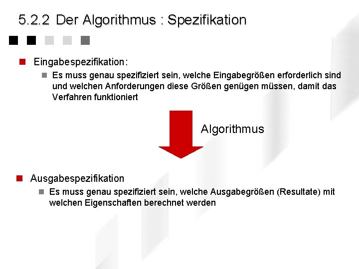 5. 2. 2 Der Algorithmus : Spezifikation n Eingabespezifikation: n Es muss genau spezifiziert