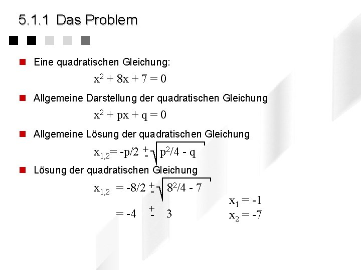 5. 1. 1 Das Problem n Eine quadratischen Gleichung: x 2 + 8 x