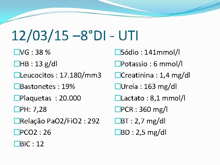 12/03/15 – 8°DI - UTI �VG : 38 % �HB : 13 g/dl �Leucocitos