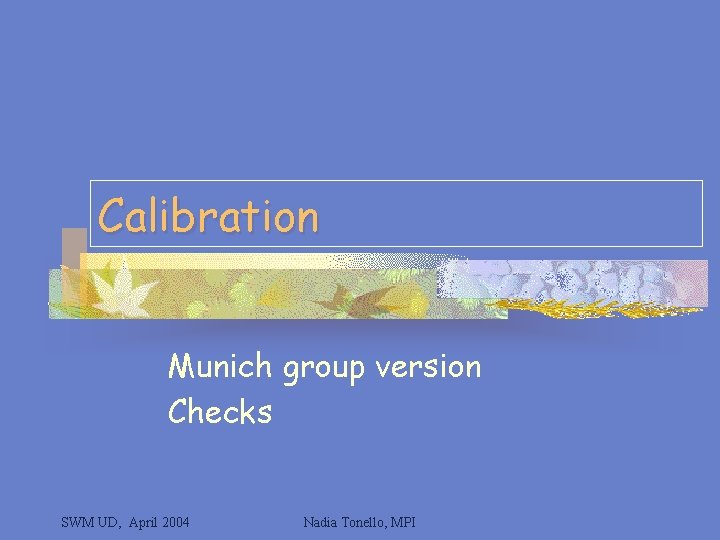Calibration Munich group version Checks SWM UD, April 2004 Nadia Tonello, MPI 