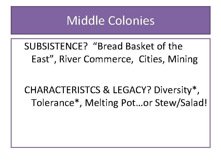 Middle Colonies SUBSISTENCE? “Bread Basket of the East”, River Commerce, Cities, Mining CHARACTERISTCS &