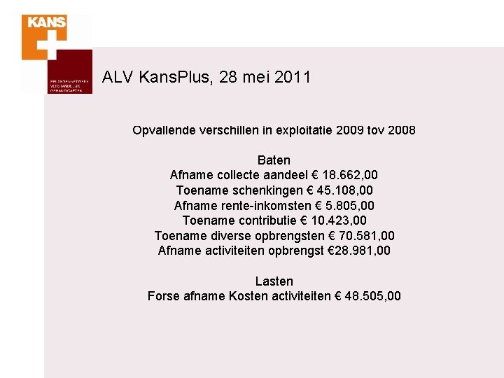 ALV Kans. Plus, 28 mei 2011 Opvallende verschillen in exploitatie 2009 tov 2008 Baten