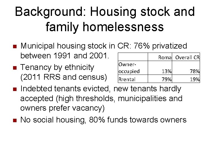 Background: Housing stock and family homelessness n n Municipal housing stock in CR: 76%