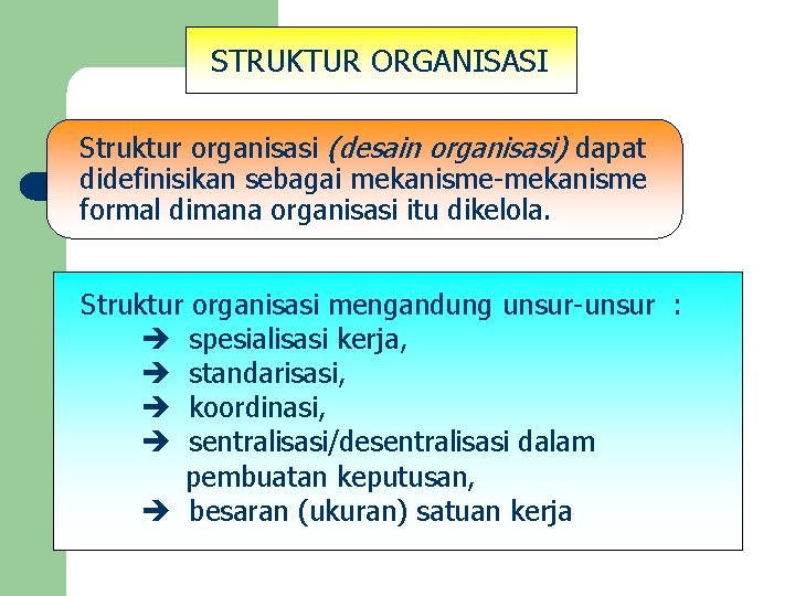 STRUKTUR ORGANISASI Struktur organisasi (desain organisasi) dapat didefinisikan sebagai mekanisme-mekanisme formal dimana organisasi itu