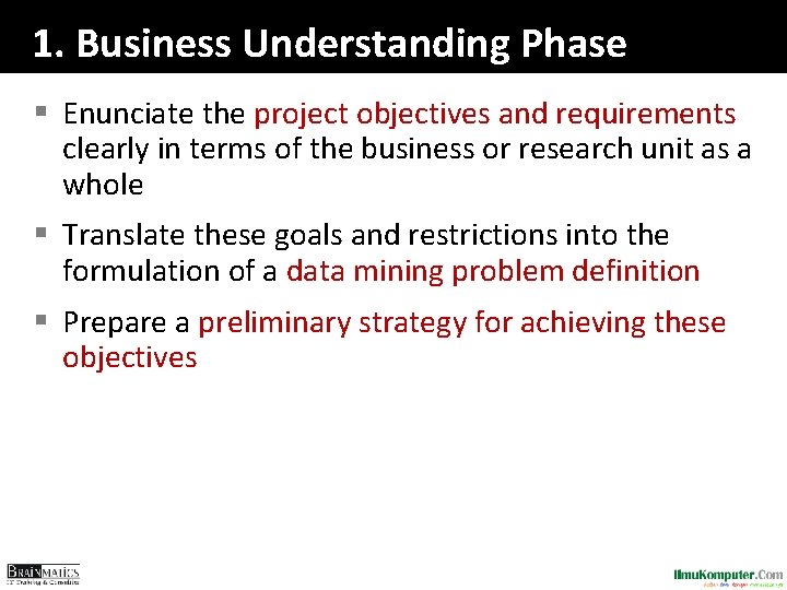 1. Business Understanding Phase § Enunciate the project objectives and requirements clearly in terms