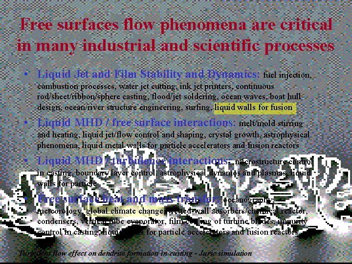 Free surfaces flow phenomena are critical in many industrial and scientific processes • Liquid