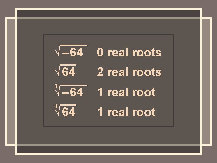 √ – 64 0 real roots √ 64 2 real roots 3 √ –