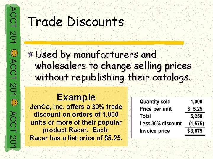 ACCT 201 Trade Discounts ACCT 201 Used by manufacturers and wholesalers to change selling