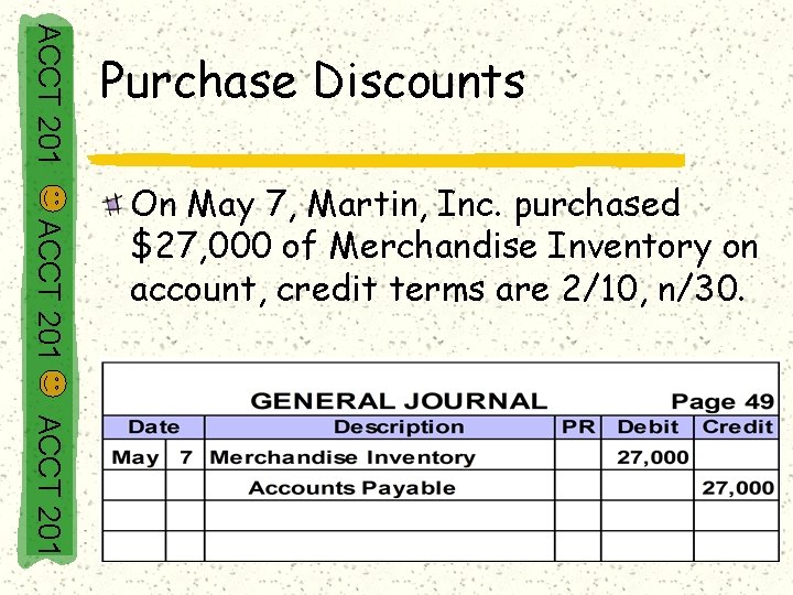 ACCT 201 Purchase Discounts ACCT 201 On May 7, Martin, Inc. purchased $27, 000