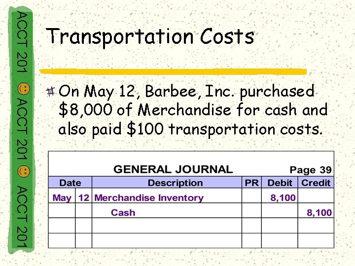ACCT 201 Transportation Costs ACCT 201 On May 12, Barbee, Inc. purchased $8, 000