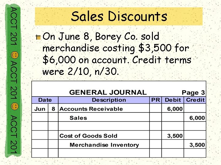 ACCT 201 Sales Discounts ACCT 201 On June 8, Borey Co. sold merchandise costing