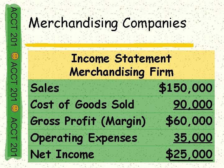 ACCT 201 Merchandising Companies ACCT 201 Income Statement Merchandising Firm Sales $150, 000 Cost