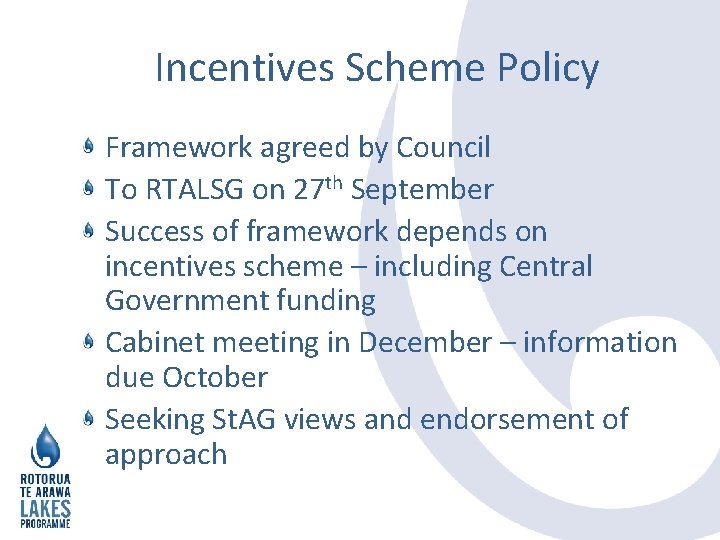 Incentives Scheme Policy Framework agreed by Council To RTALSG on 27 th September Success