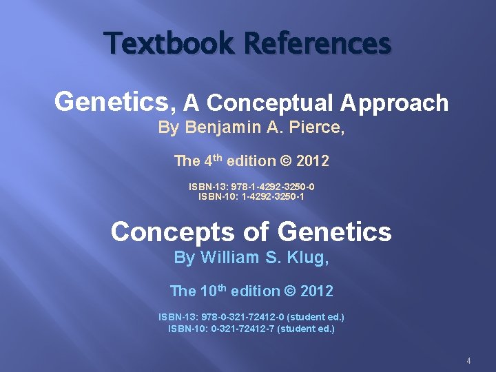 Textbook References Genetics, A Conceptual Approach By Benjamin A. Pierce, The 4 th edition