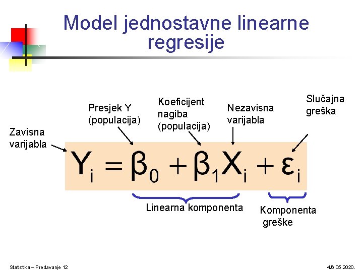 Model jednostavne linearne regresije Presjek Y (populacija) Zavisna varijabla Koeficijent nagiba (populacija) Nezavisna varijabla Model jednostavne linearne regresije Presjek Y (populacija) Zavisna varijabla Koeficijent nagiba (populacija) Nezavisna varijabla
