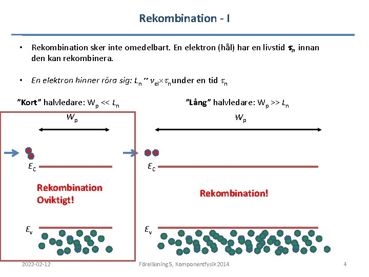 Rekombination - I • Rekombination sker inte omedelbart. En elektron (hål) har en livstid