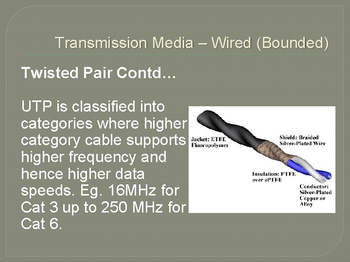 Transmission Media – Wired (Bounded) Twisted Pair Contd… UTP is classified into categories where