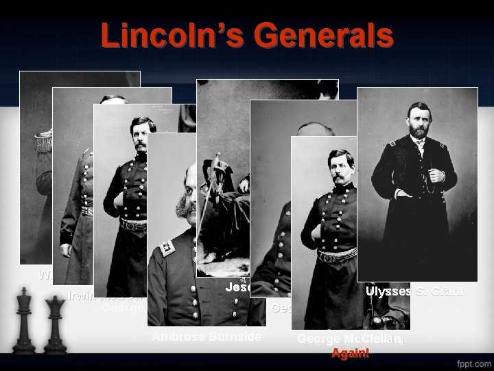 Lincoln’s Generals Winfield Scott Irwin Mc. Dowell George Mc. Clellan Joseph Hooker Ambrose Burnside