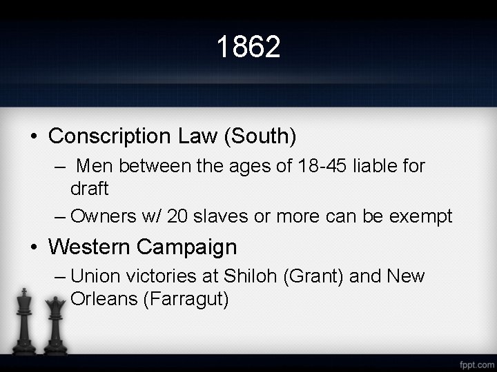 1862 • Conscription Law (South) – Men between the ages of 18 -45 liable