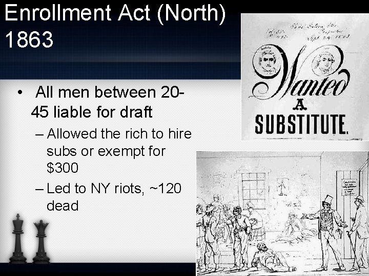 Enrollment Act (North) 1863 • All men between 2045 liable for draft – Allowed