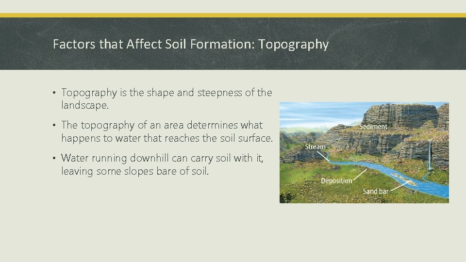 Factors that Affect Soil Formation: Topography • Topography is the shape and steepness of