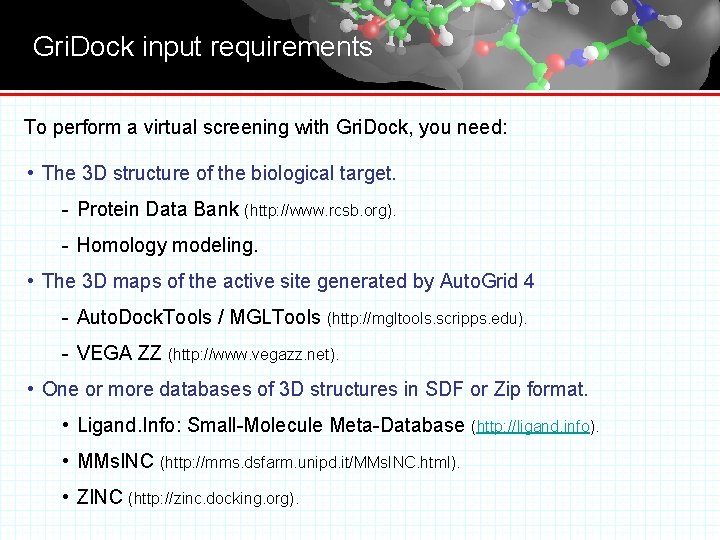 Gri. Dock input requirements To perform a virtual screening with Gri. Dock, you need: