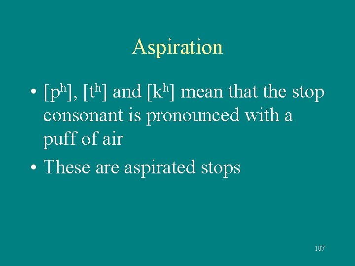 Aspiration • [ph], [th] and [kh] mean that the stop consonant is pronounced with