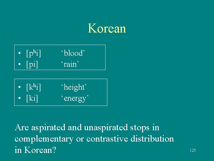 Korean • [phi] • [pi] ‘blood’ ‘rain’ • [khi] • [ki] ‘height’ ‘energy’ Are