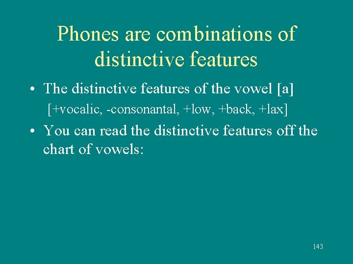 Phones are combinations of distinctive features • The distinctive features of the vowel [a]