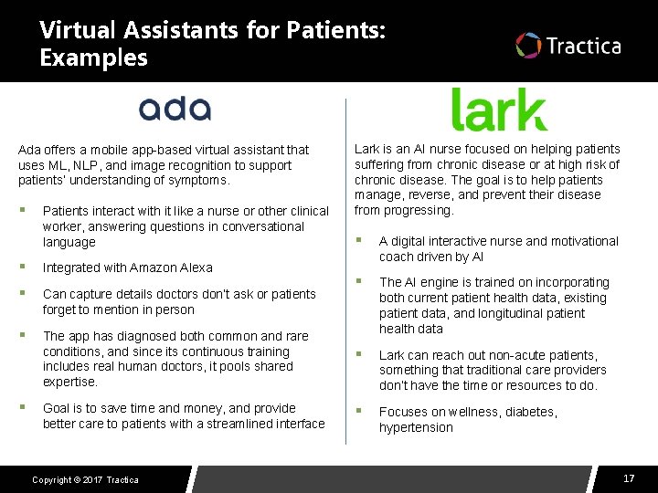 Virtual Assistants for Patients: Examples Ada offers a mobile app-based virtual assistant that uses