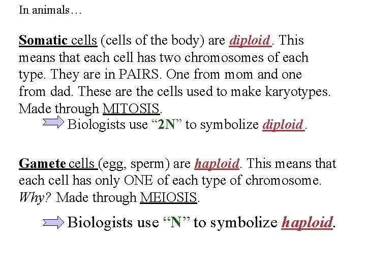 In animals… Somatic cells (cells of the body) are diploid. This means that each