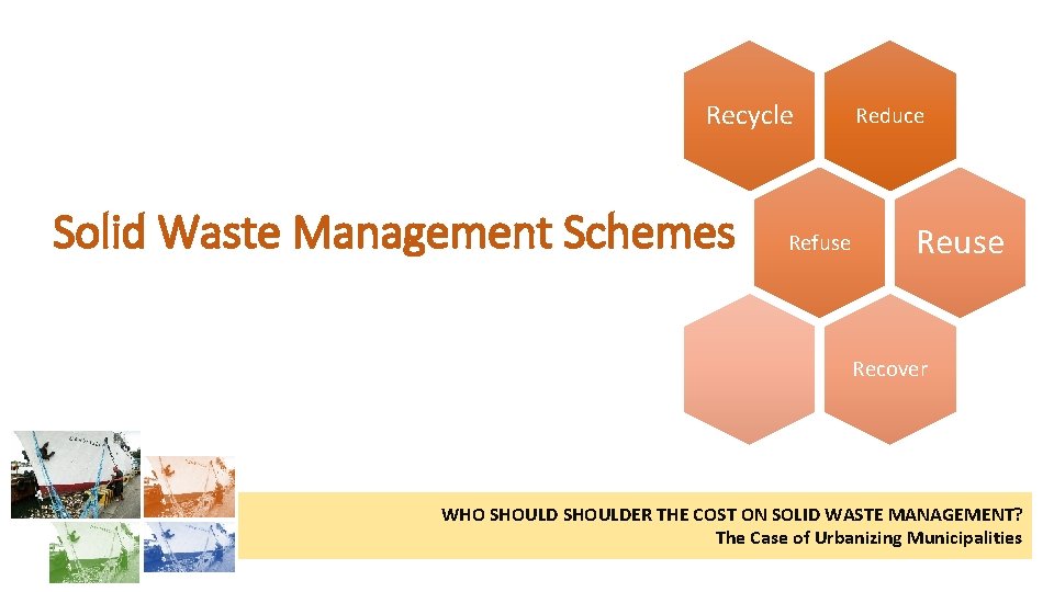 Recycle Solid Waste Management Schemes Refuse Reduce Reuse Recover WHO SHOULDER THE COST ON
